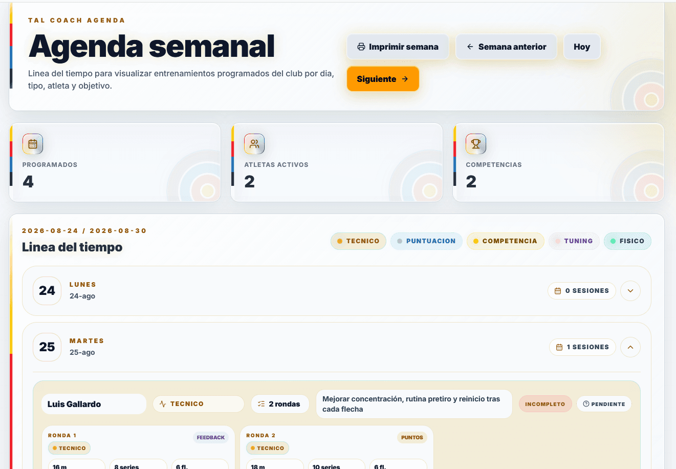 Agenda semanal de entrenamientos en TAL